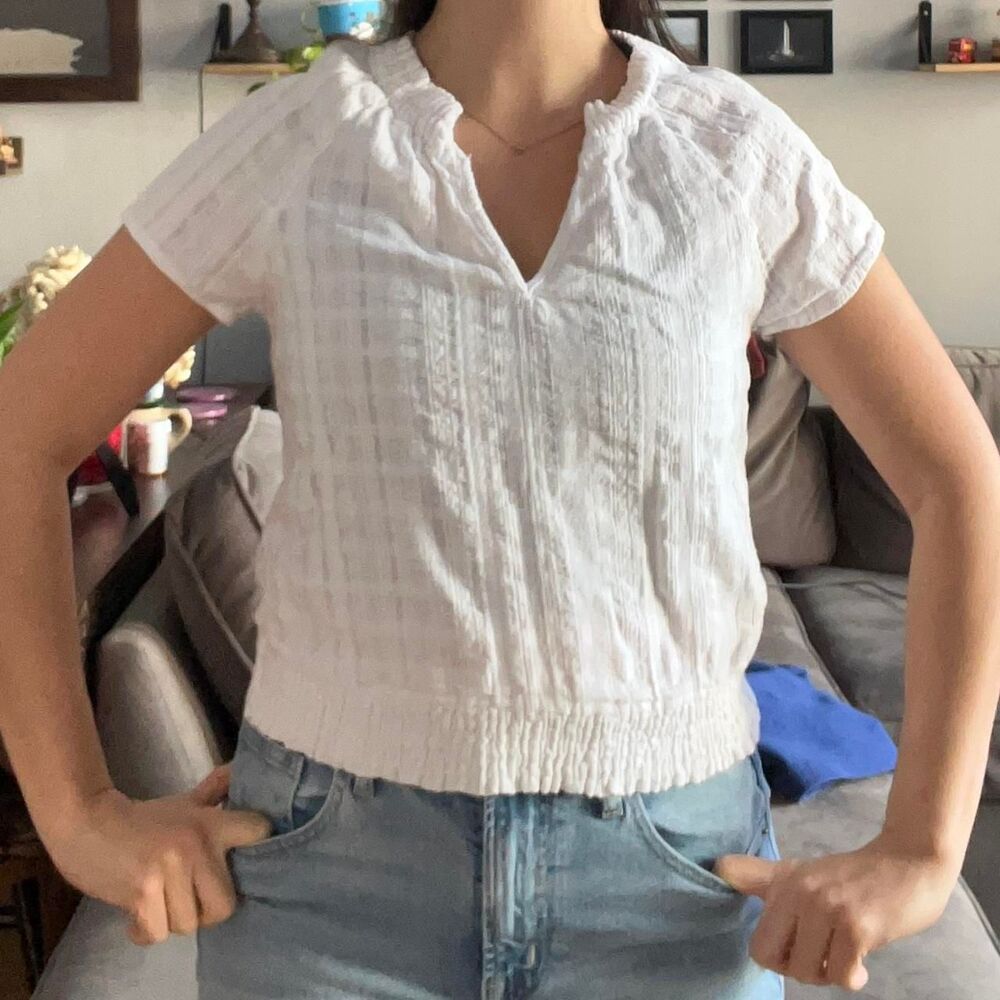 Y2K White Cotton Short Sleeve Pointelle Blouse Ruching Details Fairycore Size M